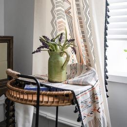 Boho Cream Cotton And Linen Print Sun Shade Non-punched Curtain Fabric (Option: Hook fringe curtains-W150xH300CM)